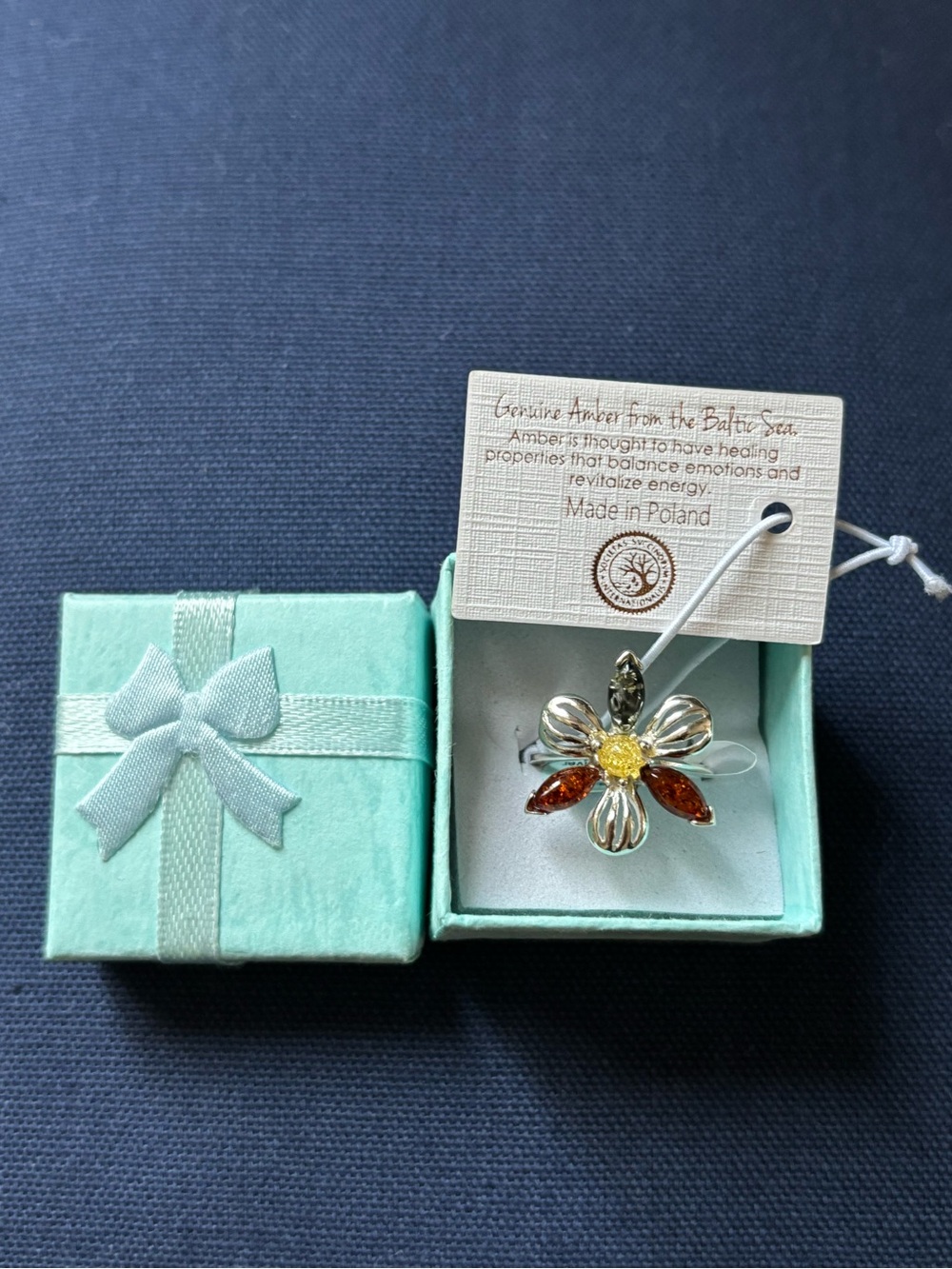 "Midwest Amber" 925 Sterling Silver flower Ring Made In Poland Size 7
